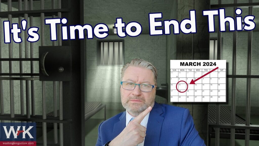 A person in front of a jail cell with the text "It's Time to End This" above. A calendar in the background shows March 2024, with a date circled in red. The initials "WK" are in the bottom left corner.