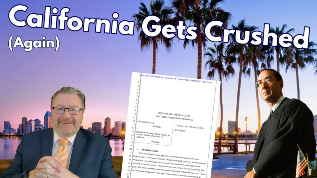 A cityscape with skyscrapers at sunrise. Overlayed are two men, one smiling in a suit, the other in a judge's robe. Between them, a court document is visible. The text reads "California Gets Crushed (Again).