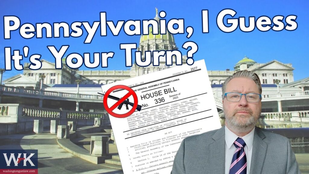 A man in a suit stands in front of the Pennsylvania State Capitol building. Overlaid is an image of a Pennsylvania House Bill marked with a red circle and slash. The text reads, "Pennsylvania, I Guess It's Your Turn?.