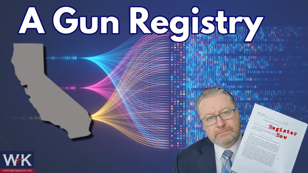 A man holding a document labeled "Register Now" is in front of digital lines connecting a map of California to binary code. Text at the top reads "A Gun Registry.