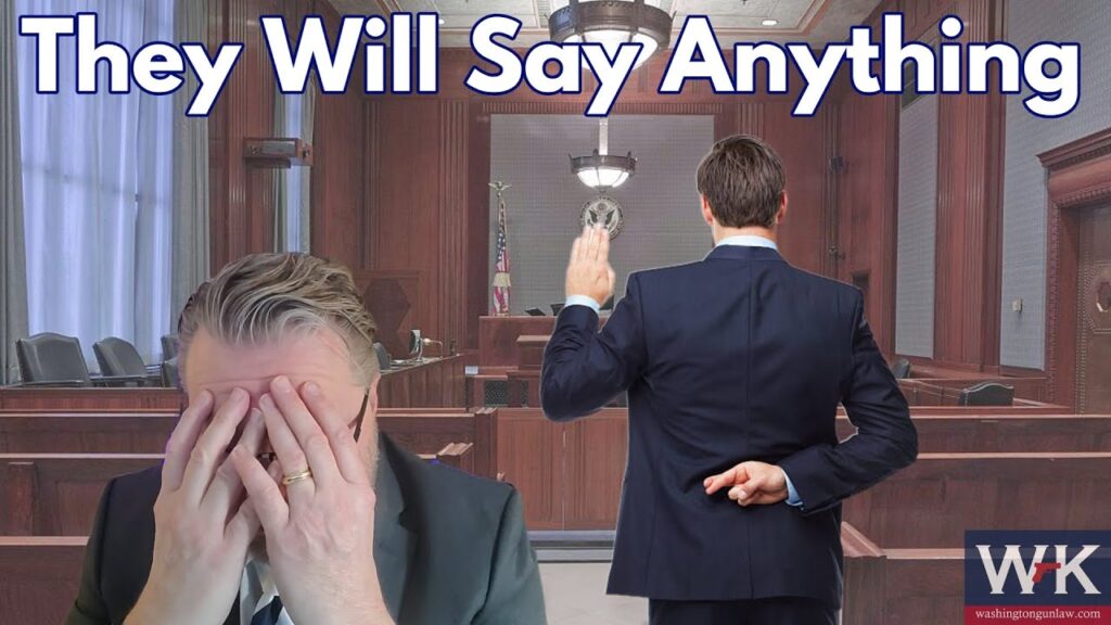 A man in a suit sits in a courtroom with his head in his hands. In the background, another man stands at a witness stand with fingers crossed behind his back. Text reads: "They Will Say Anything." A logo in the corner displays "WK.