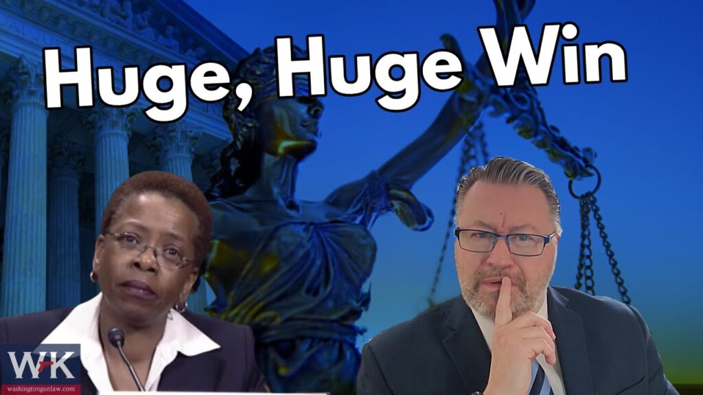 A split image with a woman wearing glasses and a white shirt on the left and a man with glasses, a suit, and his hand on his chin on the right. A statue and the text "Huge, Huge Win" are in the background.
