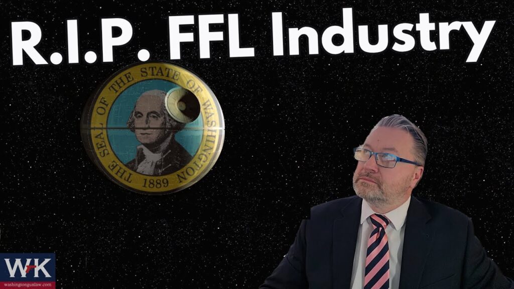 A man in a suit and striped tie looks upwards. Above him, the text reads "R.I.P. FFL Industry" against a starry background. There is an image of the Washington State seal adjacent to the text, featuring George Washington.