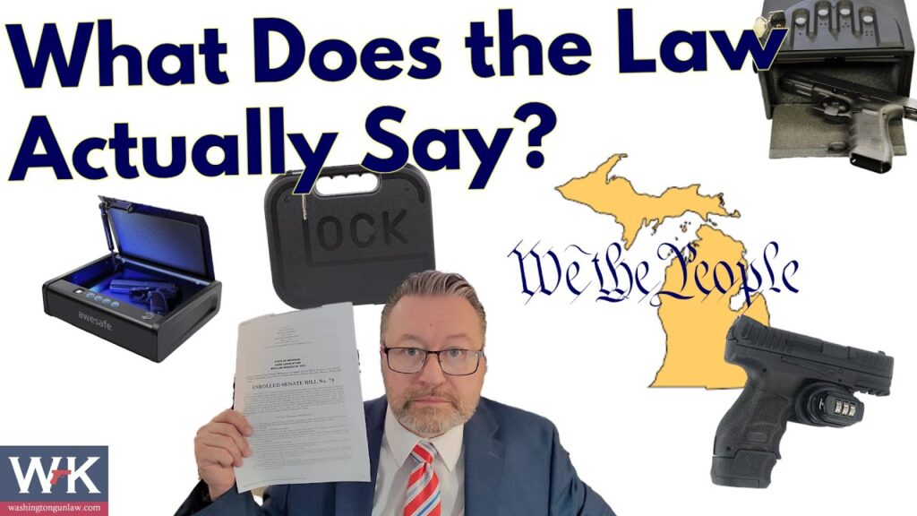 A man in a suit holds a document, surrounded by images of gun cases, pistols, a map outline of Michigan, and the text "We the People". The large text on the image reads, "What Does the Law Actually Say?.