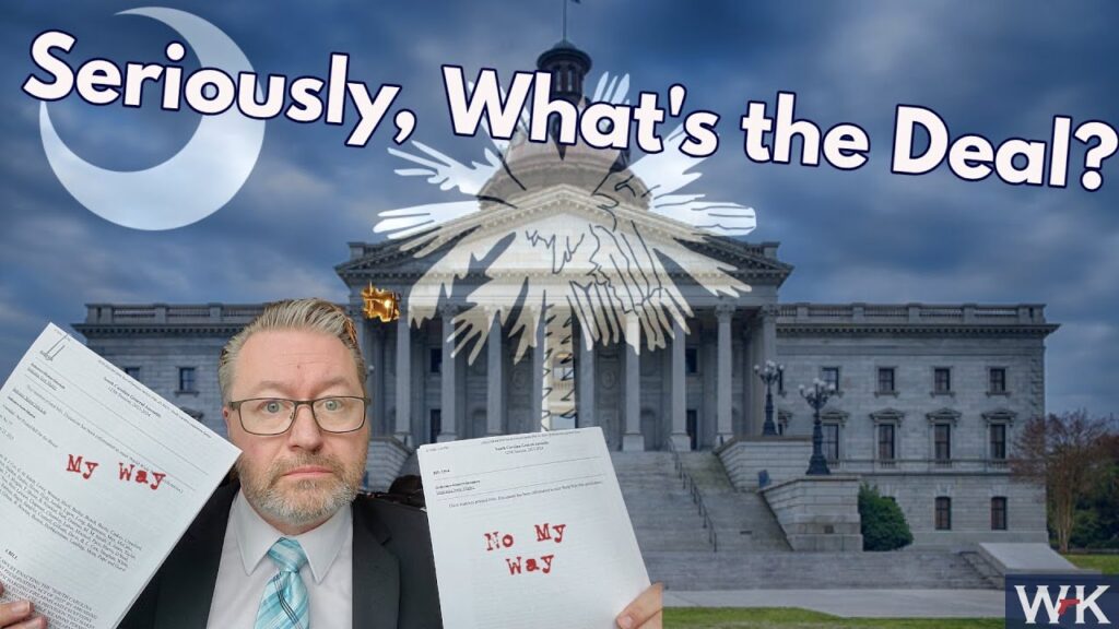 A man in a suit holds two documents with "My Way" and "No My Way" written on them. He's standing in front of a large building with columns, and the text "Seriously, What's the Deal?" is displayed above. A crescent and tree symbol is in the background.