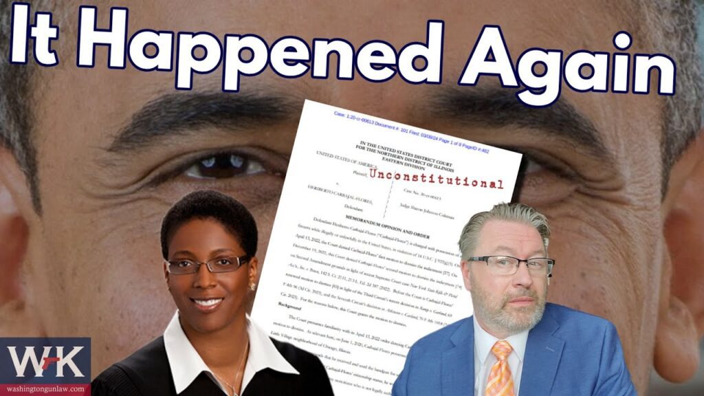 Collage featuring a close-up of a person's eye in the background, a document labeled "Unconstitutional" in the center, and two people in business attire at the bottom. The text "It Happened Again" is at the top.