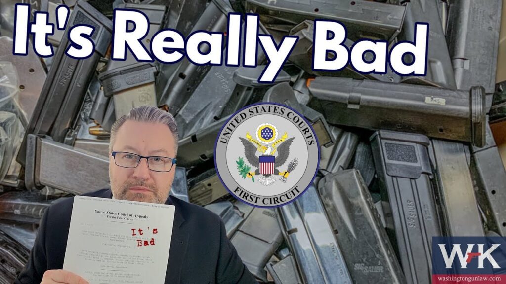 A person holding a document in front of a background filled with gun magazines. The text reads "It's Really Bad" and features the seal of the United States Courts First Circuit. A logo in the corner reads "WHK" with a website URL.