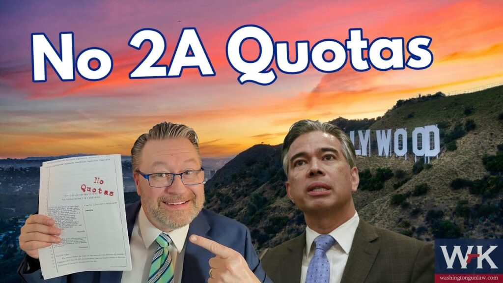 A man with glasses and a suit points at papers labeled "No Quotas," while another man in a suit looks at the camera. The background features a sunset and the Hollywood sign. Text at the top reads, "No 2A Quotas." The Washington Gun Law logo is at the bottom.