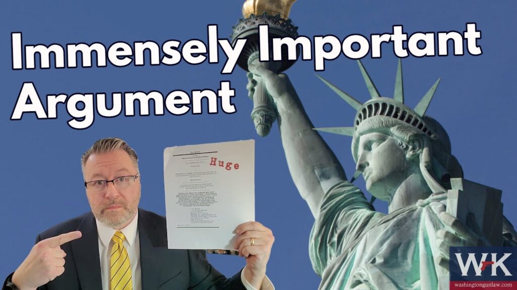 A man in a suit and glasses points to a printed document labeled "Huge" while standing next to an image of the Statue of Liberty. Large text reads "Immensely Important Argument." The WK logo appears in the corner.