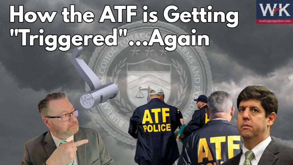 A collage featuring a cloudy sky, a large emblem, and people wearing ATF jackets. Text reads "How the ATF is Getting 'Triggered'...Again." One person in a suit points upwards. Another person looks concerned.