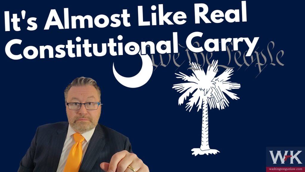 A man in a suit with a yellow tie sits against a blue background. White text reads "It's Almost Like Real Constitutional Carry," alongside a crescent moon and a palmetto tree symbol. A logo with "WK" and a website is in the bottom right corner.