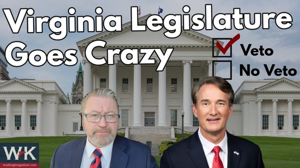 Two men in suits stand in front of the Virginia Capitol building. The text reads "Virginia Legislature Goes Crazy" with checkboxes labeled "Veto" (checked) and "No Veto." A logo in the corner says "WK.