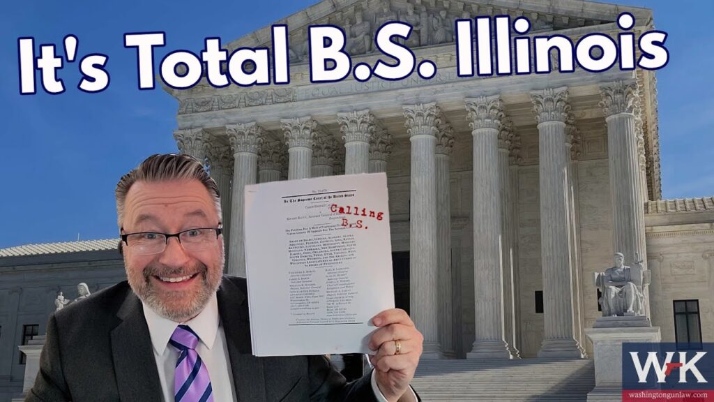 A man in a suit holds up a document outside a large, columned courthouse. Text above reads, "It's Total B.S. Illinois." The words "Calling B.S." are written on the document. The WJK logo is in the bottom right corner.