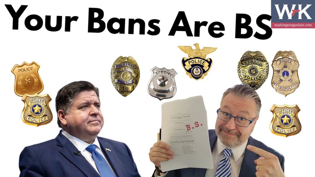 A man in a suit on the left looks towards another man in a suit on the right, who is holding a document with "B.S." written on it. Police badges are displayed above them. Bold text reads, "Your Bans Are BS.