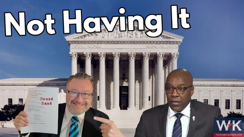 Two men in suits stand in front of a building with columns. One man holds a document titled "Pound Sand" and points to it, smiling. The caption "Not Having It" is at the top.