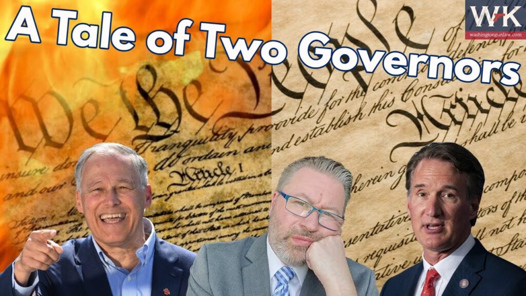A split image with "A Tale of Two Governors" text. The left has burning Constitution imagery and a smiling man. The right has another man with his hand on his chin and one more man in a suit. The background has parts of the U.S. Constitution.