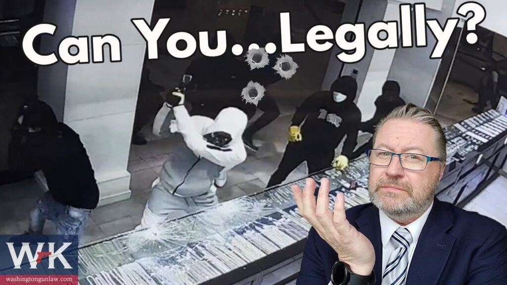A jewelry store security footage shows masked individuals appearing to rob the store, with one firing a gun. Text reads "Can You...Legally?" A person in a suit gestures perplexedly in the foreground.