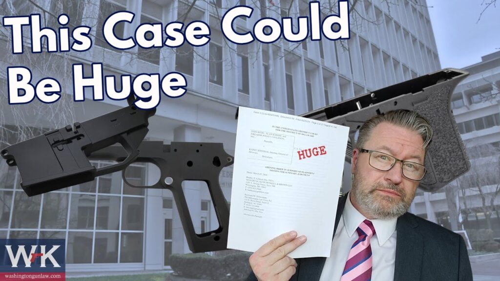 A man in a suit and tie holds a document stamped with "HUGE" in red. Behind him is an image of a building and an illustration of a gun frame. The text "This Case Could Be Huge" is prominently displayed at the top.