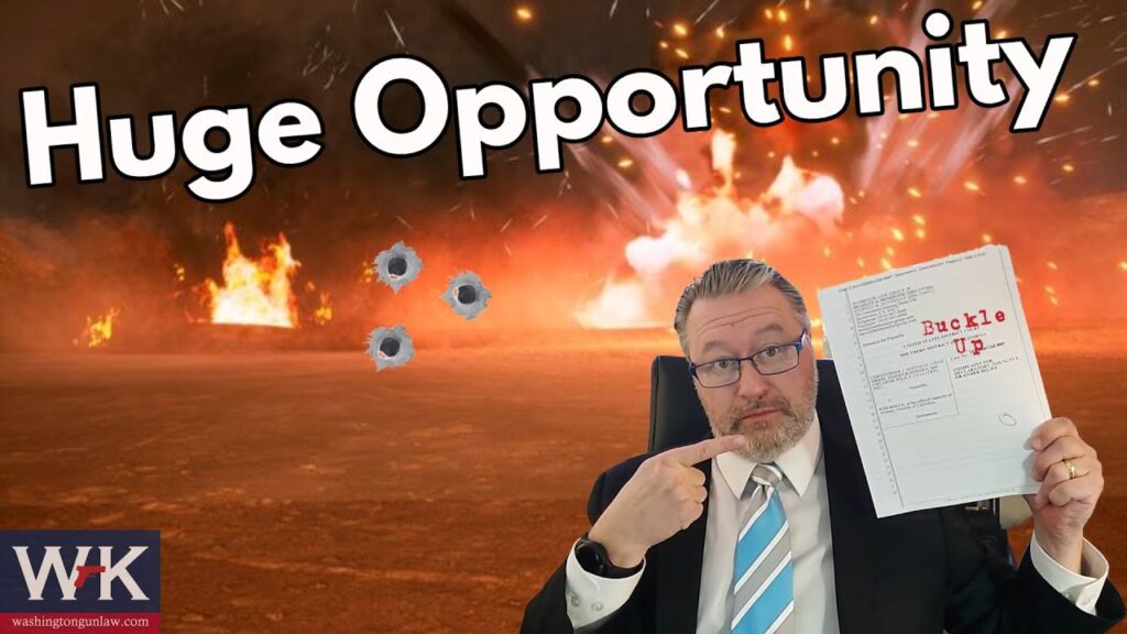 A man in a suit and tie points to a paper with "Buckle Up" on it. The background shows explosions and bullet holes. The text "Huge Opportunity" is displayed prominently. A logo with "W.K." is at the bottom left.