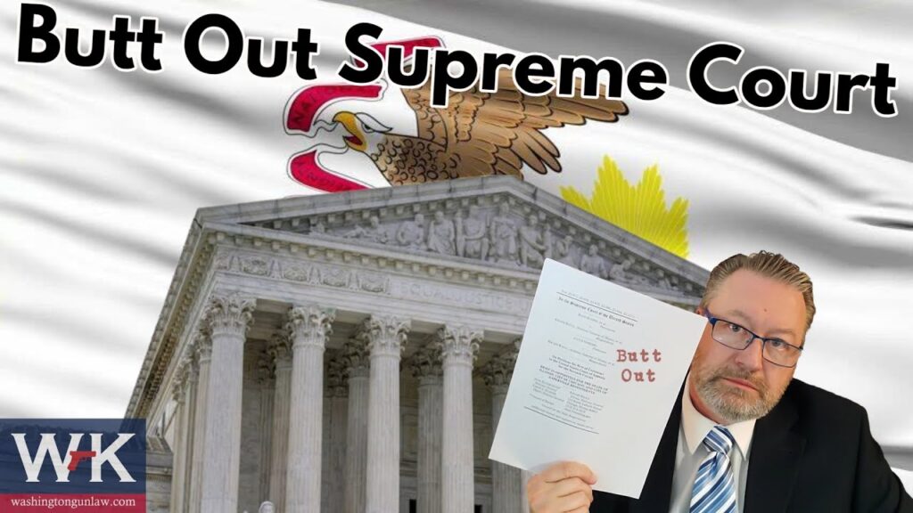 A man in a suit holds a document labeled "Butt Out" in front of a U.S. Supreme Court building backdrop. The text "Butt Out Supreme Court" appears at the top, with a flag featuring an eagle and a sun behind him.