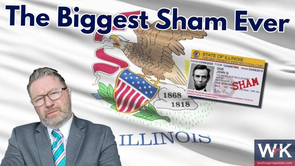 Man in a suit stands with arms crossed against a backdrop of the Illinois state flag. A driver's license marked "SHAM" is displayed next to bold text reading "The Biggest Sham Ever." A logo in the corner reads "WHK.