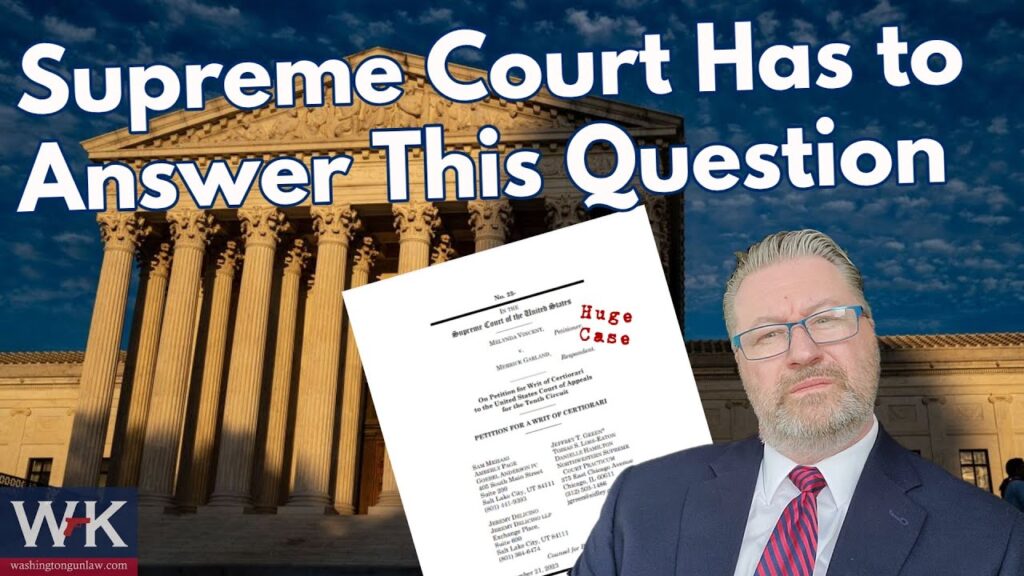 A man in a suit stands in front of the U.S. Supreme Court building. Next to him is a document titled "Huge Case." Large text reads, "Supreme Court Has to Answer This Question.