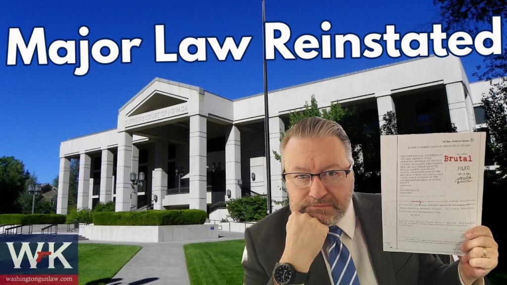 A man in a suit holds a legal document outside a large building with the text "Major Law Reinstated" above. The building has columns and a pediment. The weather is clear and sunny. A logo is present in the corner.