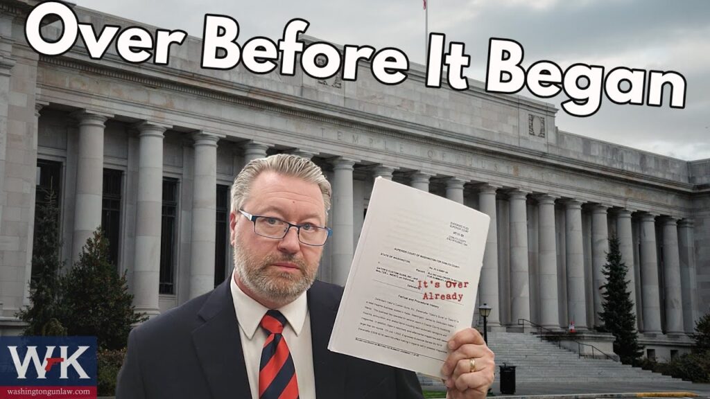 A man with glasses, wearing a suit and striped tie, holds a document with "It's Over Already" written on it. Behind him is a large building with columns and the words "Over Before It Began" at the top.