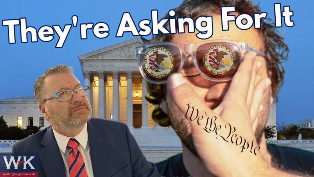 A man with glasses reflecting seals and a "We the People" tattoo on his palm gestures, while another man in a suit looks up thoughtfully. The background shows the U.S. Supreme Court building, with the text "They're Asking For It" above.