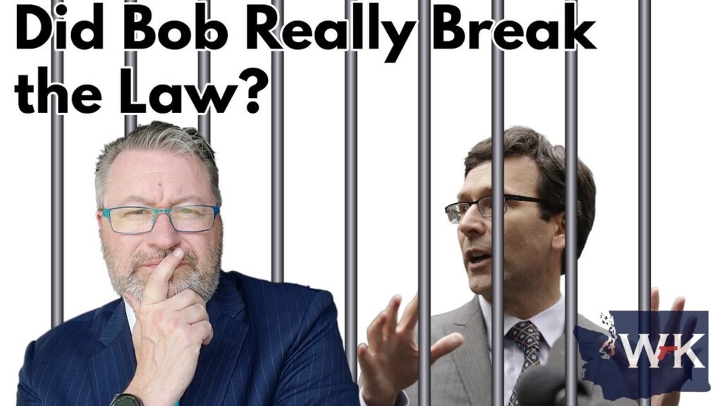 Two men behind bars in a digitally created image. One on the left is thoughtful, wearing glasses and a suit; the other on the right is gesturing. Text reads "Did Bob Really Break the Law?" and a logo with "WK" is in the bottom right corner.