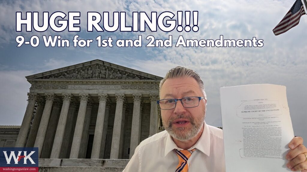 A person holding a document in front of a courthouse building. Large text reads, "HUGE RULING!!! 9-0 Win for 1st and 2nd Amendments." An American flag is visible in the background.