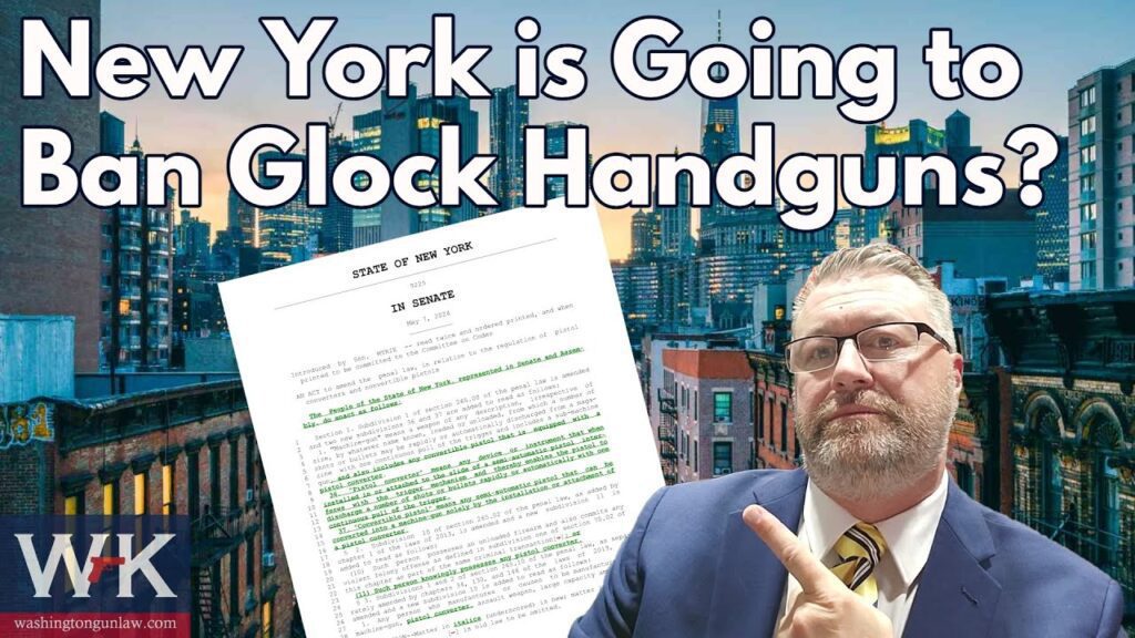 A man in a suit points to a legal document in front of a city skyline. Text reads, "New York is Going to Ban Glock Handguns?" The image includes a watermark with the initials WK.