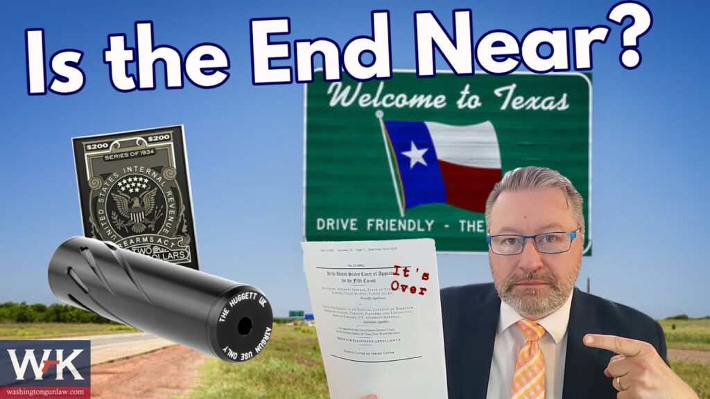 A person points to papers with "It's Over" written on them. The background features a "Welcome to Texas" sign. A gun silencer and a $200 bill also appear. The words "Is the End Near?" are at the top.