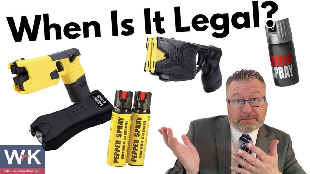 Collage featuring a man in a suit shrugging, with images of a stun gun, pepper spray, and the text "When Is It Legal?" on a white background. The WK logo is at the bottom left corner.