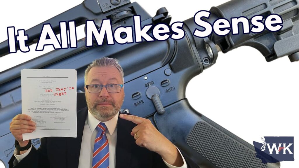 A man in a suit points at a stack of papers while standing in front of a large firearm image. The text "It All Makes Sense" is displayed across the top. A logo with the initials "WK" is in the bottom right corner.