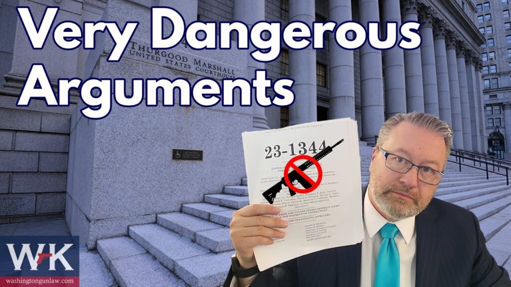 A man in a suit holds a legal document with a crossed-out gun symbol. The text reads "Very Dangerous Arguments." He stands in front of the Thurgood Marshall US Courthouse. Washington Gun Law logo is visible in the corner.