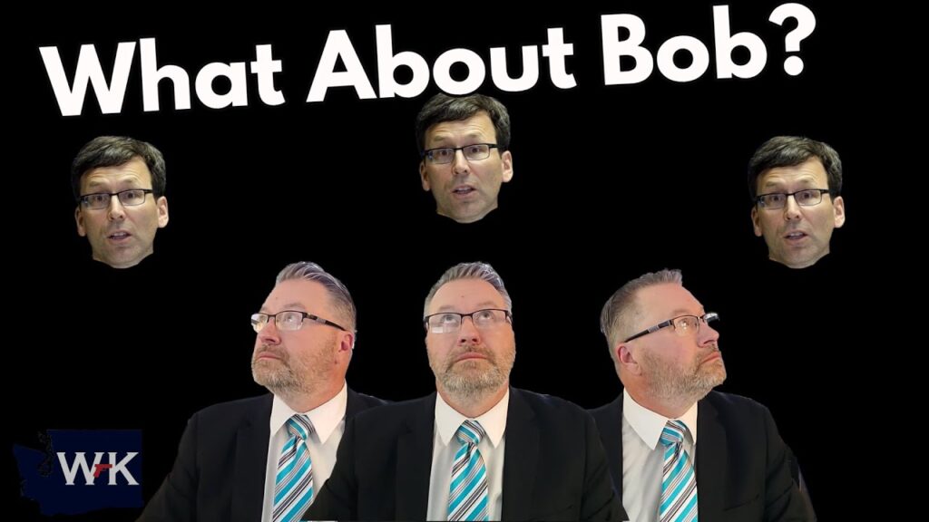 A man in a suit with glasses and a striped tie is shown in four poses, looking in various directions. Above him are four floating heads with different expressions. The text at the top reads, "What About Bob?" on a black background.