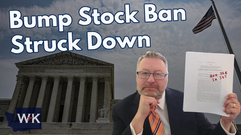 A person holding a document poses in front of an image of a courthouse with text overlay saying "Bump Stock Ban Struck Down." An American flag is visible in the background.
