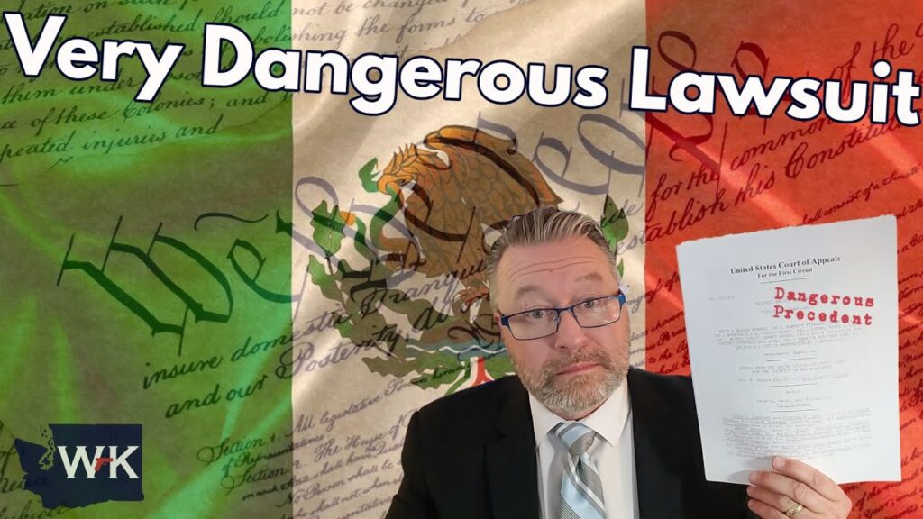 A man in a suit holds a legal document in front of a background featuring the U.S. Constitution and the Mexican flag. The text reads "Very Dangerous Lawsuit.