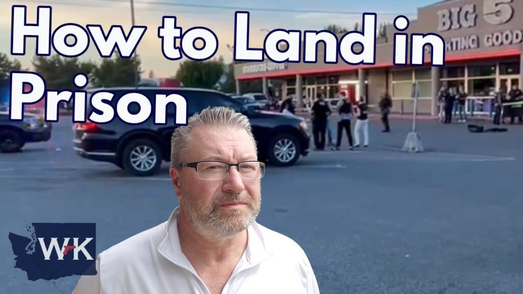 A man stands in front of a parking lot scene with police and people gathered near a storefront. Text reads, "How to Land in Prison." The logo "WK" appears in the bottom left corner.