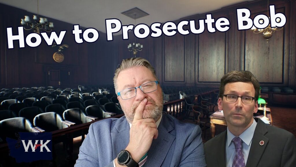 A man in a suit stands in a courtroom with a thoughtful expression. Another man in glasses also poses with a neutral expression. Text at the top reads, "How to Prosecute Bob." The background shows empty chairs and a legal setting.
