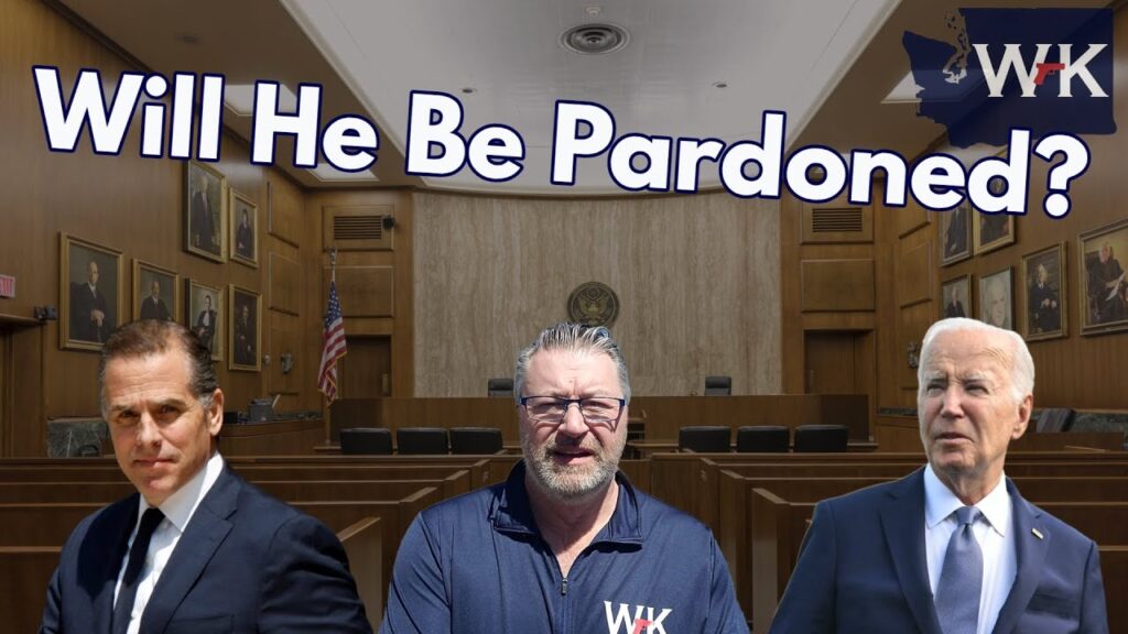 A courtroom with three men standing in front. The text "Will He Be Pardoned?" is displayed at the top. The background shows wooden walls with framed portraits and an American flag.