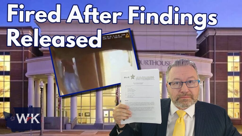 A man in a suit holds a document in front of a courthouse building. The text above him reads "Fired After Findings Released." A blurred image is inset above him. The logo "WK" appears in the corner.