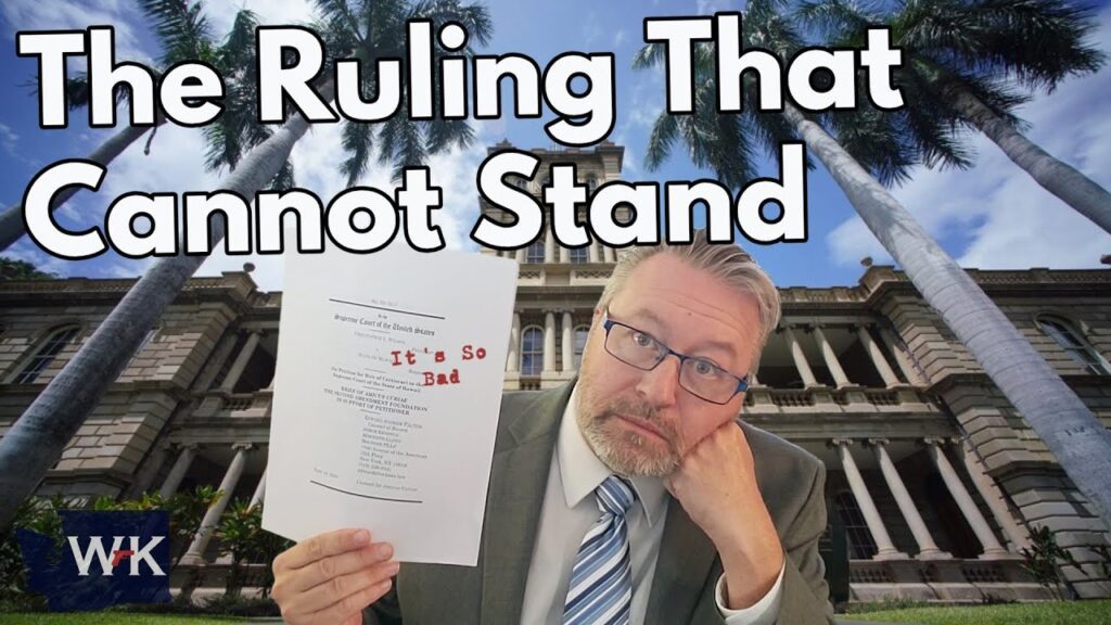 A man in a suit holds a paper with the text "It's So Bad" in front of a historic building. Large text above reads "The Ruling That Cannot Stand." Tall palm trees flank the building.