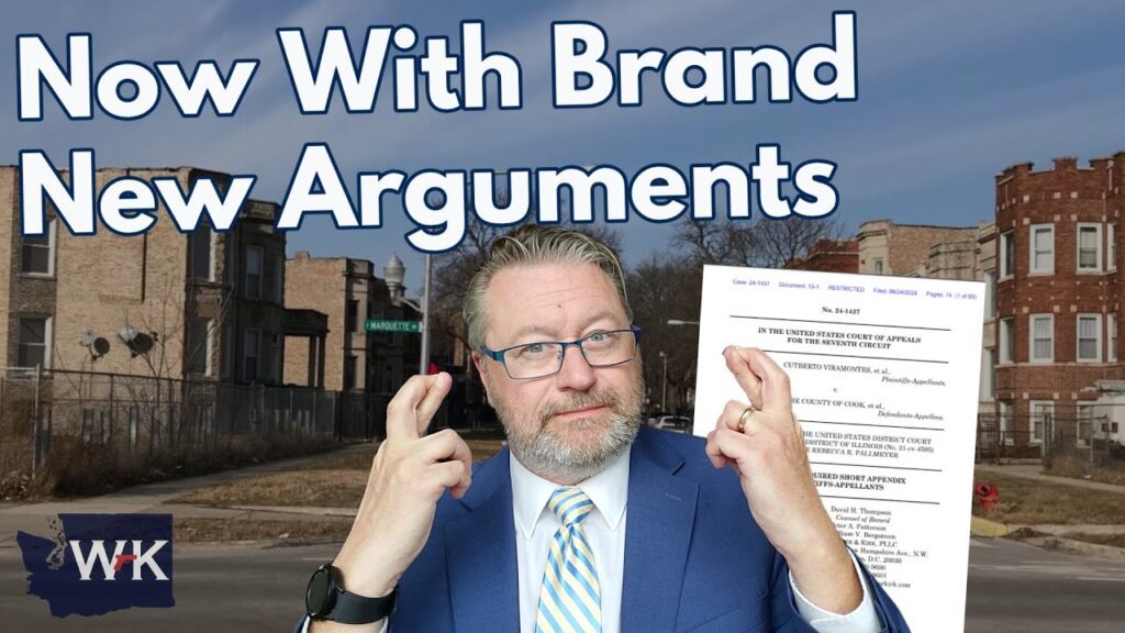 A man in a suit crosses his fingers while holding a document against a backdrop of old buildings. The text "Now With Brand New Arguments" appears at the top. A small logo with 'WK' is in the bottom left corner.