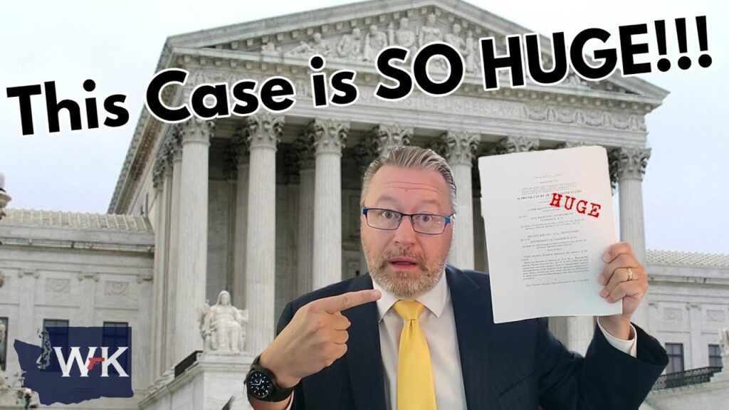 A person in a suit and yellow tie stands in front of a building resembling the Supreme Court, holding a document labeled "HUGE." Text above says "This Case is SO HUGE!!!.