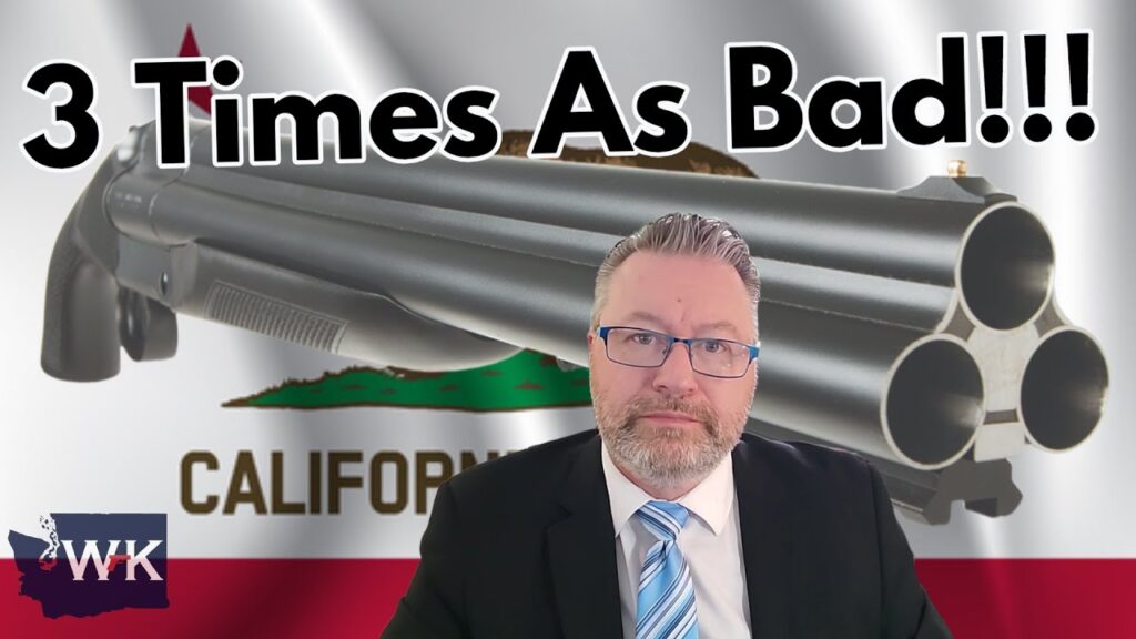 A man with glasses and a suit sits in front of a graphic showing a large cannon with the text "3 Times As Bad!!!" above it. The California flag appears in the background.