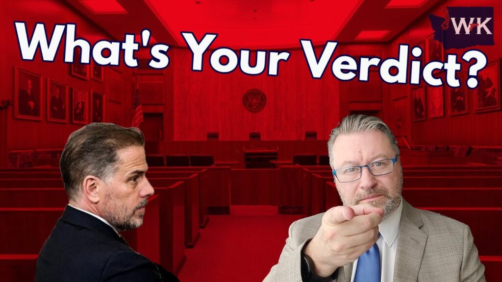 Two men in suits are superimposed on a red-tinted courtroom background. The text "What's Your Verdict?" is displayed boldly above them. One man is pointing forward.