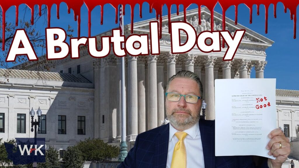A person in a suit holds up a document marked "Not Good" in front of a courthouse. The text "A Brutal Day" appears above with a dripping red effect.