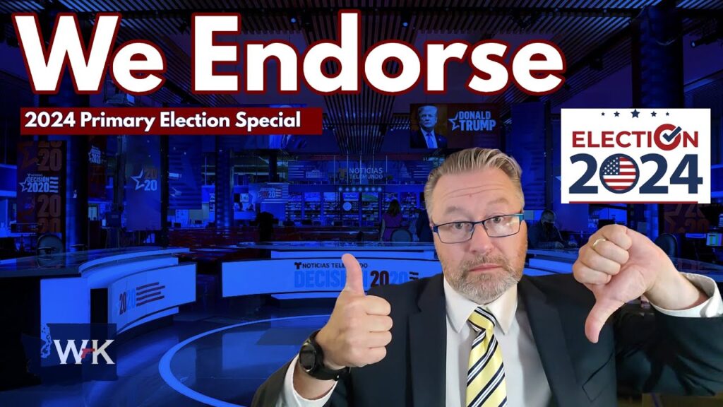 A man with glasses and a beard gestures with thumbs up and down in a newsroom setting. The text "We Endorse" and "2024 Primary Election Special" appears above him, with an "Election 2024" logo on the side.
